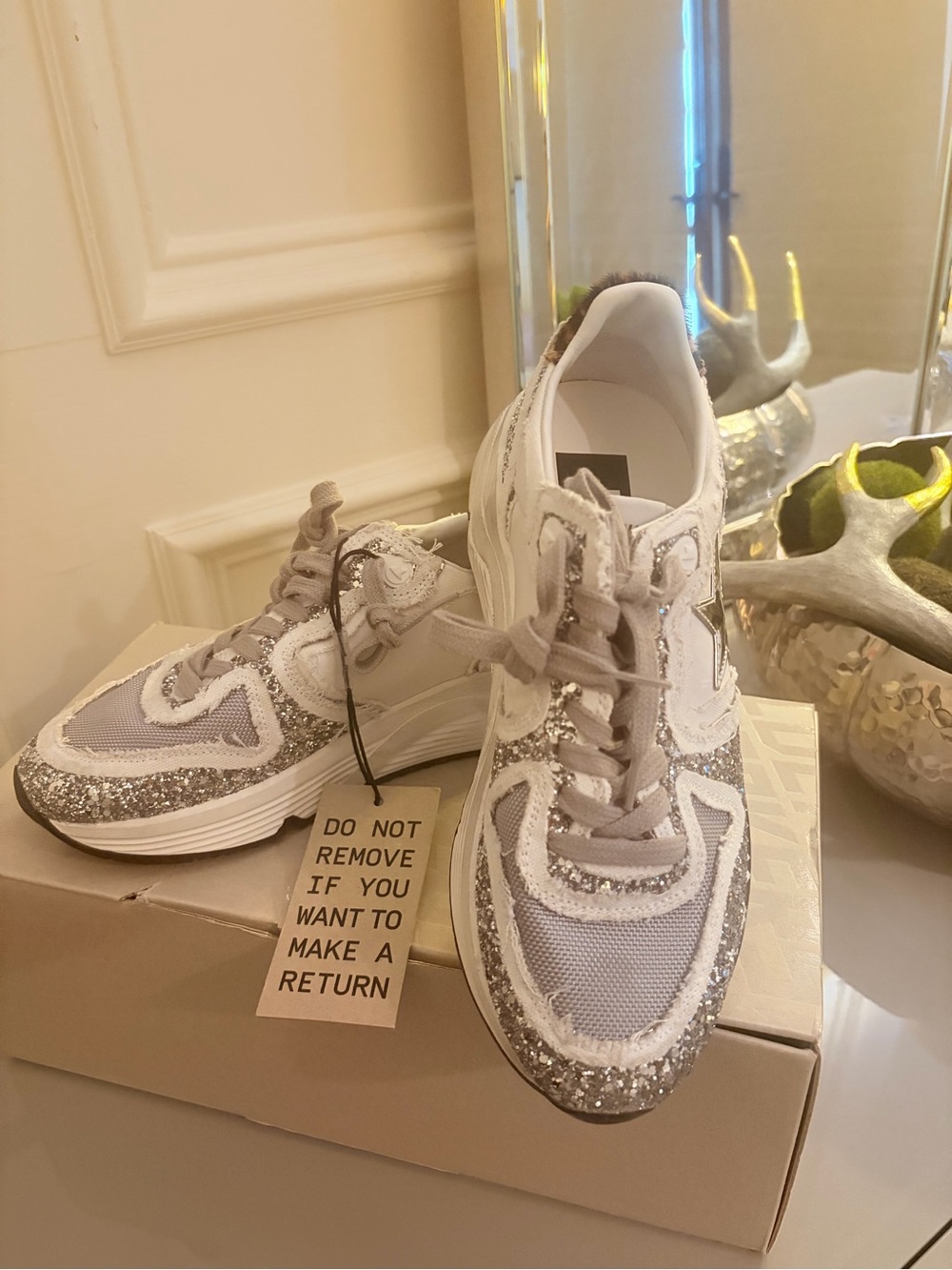 Golden Goose Running Sole Sneakers White Silver Beige Glitter EU37 New never wor